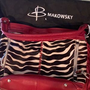 B Makowsky zebra cow hair red leather purse bag